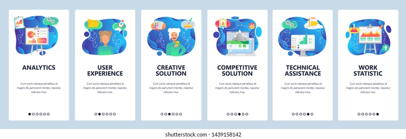 Onboarding for web site and mobile app. Menu banner vector template for website and application development. Analytics UX Creative, competitive solutions, Technical assistance, Work statistic screens.