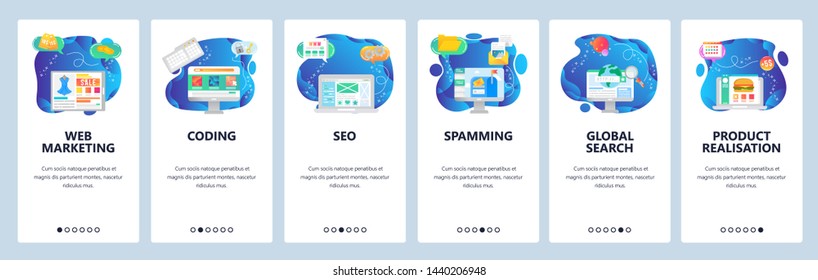 Onboarding for web site and mobile app. Menu banner vector template for website and application development. Web marketing, Coding SEO, Spamming, Global search, Product realization walkthrough screens