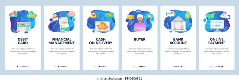 Onboarding für Website und mobile App. Menu-Banner-Vektorillustration-Vorlage für Website- und Anwendungsentwicklung. Debitkarte, Finanzverwaltung, Lieferkasse, Käufer, Bankkonto und Zahlungsbildschirme