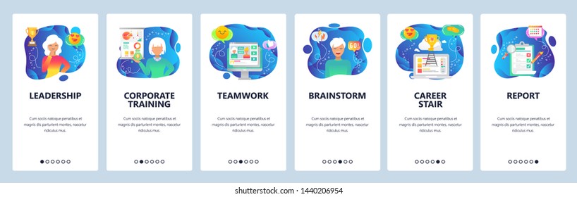 Onboarding for web site and mobile app. Menu banner vector template for website and application development. Leadership, Corporate training, Teamwork, Brainstorm, Career stair, Report screens.
