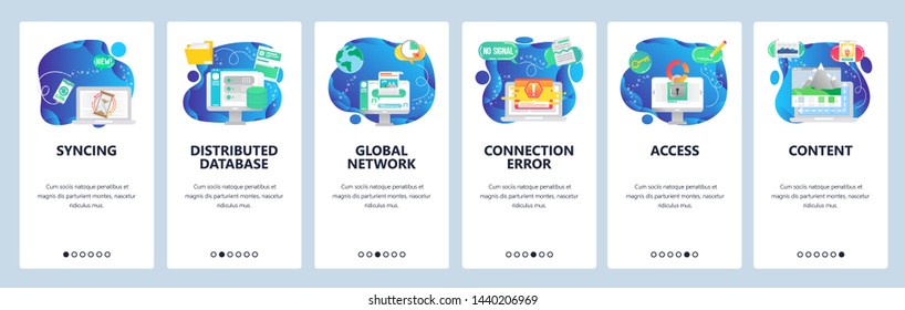 Onboarding for web site and mobile app. Menu banner vector template for website and application development. Syncing, Distributed database, Global network, Connection error, Access, Content screens.