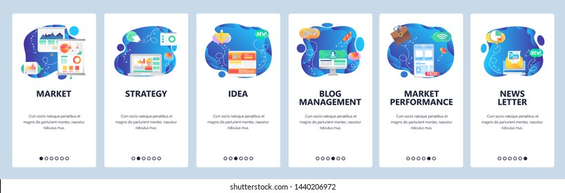 Onboarding for web site and mobile app. Menu banner vector template for website and application development. Market, Strategy, Idea, Blog management, Newsletter, Market performance walkthrough screens