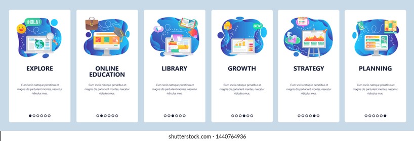 Onboarding for web site and mobile app. Menu banner vector template for website and application development. Explore, Online education, Library, Growth, Strategy, Planning walkthrough screens.