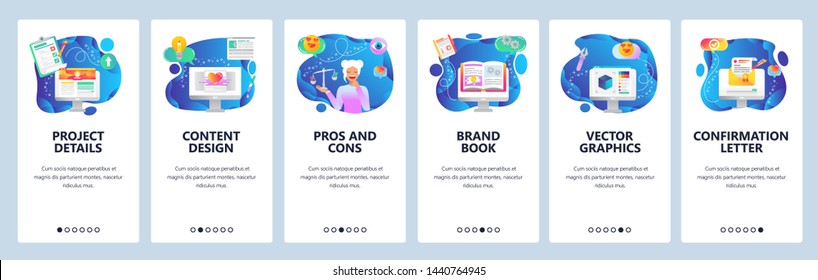 Onboarding for web site and mobile app. Menu banner vector template for website and application development. Project details, Content design, Pros and Cons, Brand book, Vector graphics screens.