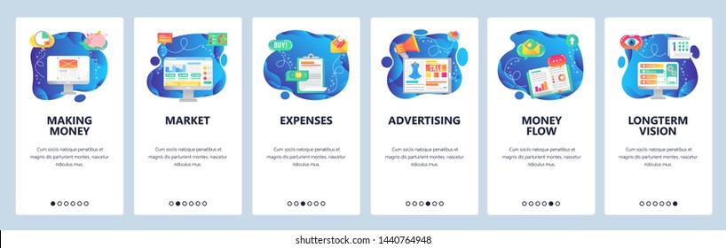 Onboarding for web site and mobile app. Menu banner vector template for website and application development. Making money, Market, Expenses, Advertising, Money flow, Longterm vision screens.