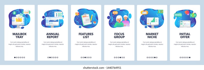 Onboarding for web site and mobile app. Menu banner vector template for website and application development. Mailbox tray Annual report, Features list, Focus group, Market niche, Initial offer screens