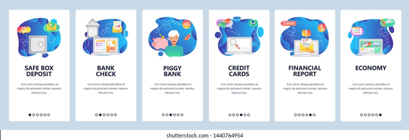 Onboarding for web site and mobile app. Menu banner vector template for website and application development. Safe box deposit, Bank check, Piggy bank, Credit cards, Financial report, Economy screens.