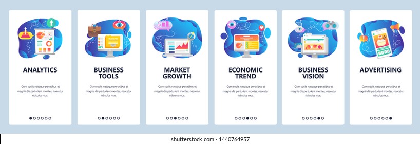 Onboarding for web site and mobile app. Menu banner vector template for website and application development. Analytics, Business tools and vision, Market growth, Economic trend, Advertising screens.