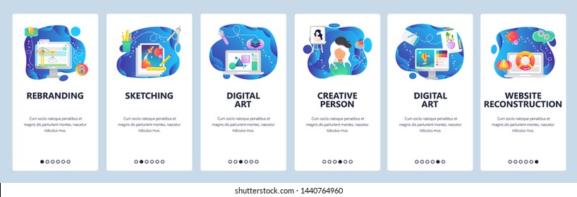 Onboarding for web site and mobile app. Menu banner vector template for website and application development. Rebranding Sketching Digital art Creative person Digital art Website reconstruction screens