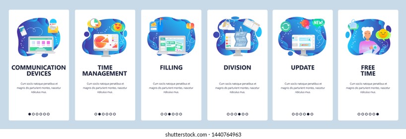 Onboarding for web site and mobile app. Menu banner vector template for website and application development. Communication devices, Time management, Filling, Division, Update, Free time screens.