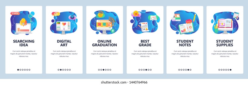Onboarding for web site and mobile app. Menu banner vector template for website and application development. Searching idea, Digital art, Online graduation, Best grade, Student notes, supplies screens