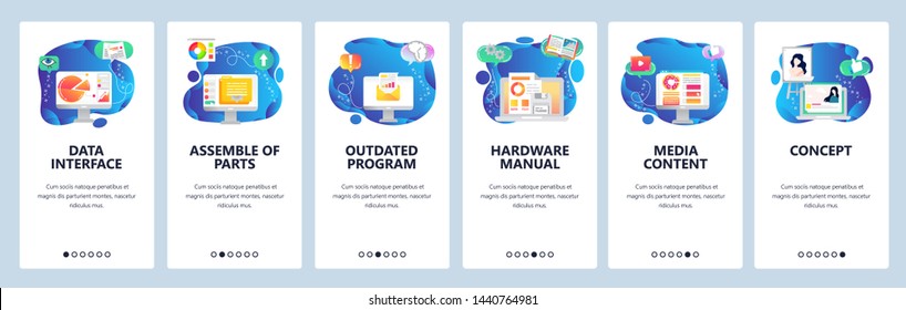 Onboarding For Web Site And Mobile App. Menu Banner Vector Template For Website And Application Development. Data Interface, Assemble Of Parts, Outdated Program, Hardware Manual And Other Screens.