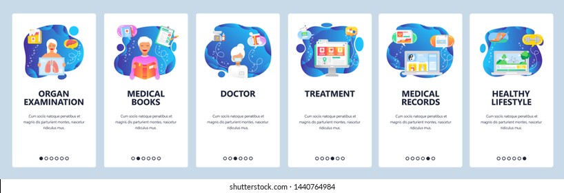 Onboarding for web site and mobile app. Menu banner vector template for website and application development. Organ examination, Medical books and records, Doctor, Treatment, Healthy lifestyle screens.