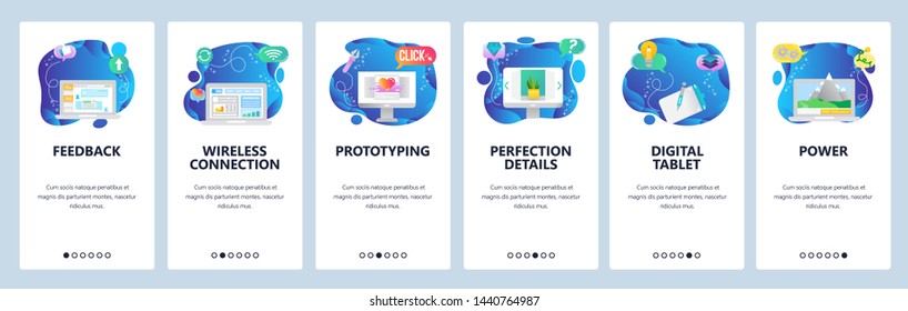 Onboarding for web site and mobile app. Menu banner vector template for website and application development. Feedback, Wireless connection, Prototyping, Reflection details Digital tablet Power screens