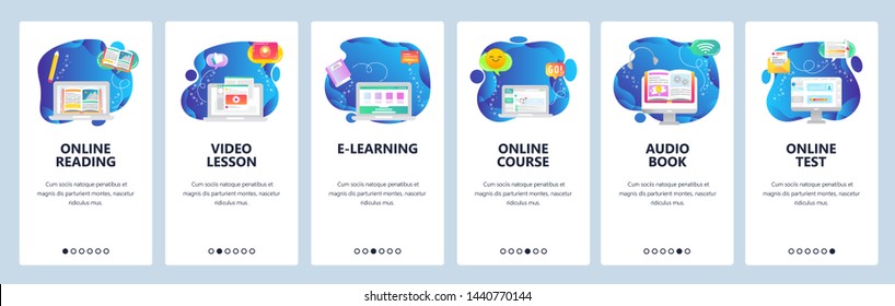 Onboarding for web site and mobile app. Menu banner vector template for website and application development. Online reading, course and test, Video lesson, E-learning, Audio book walkthrough screens.