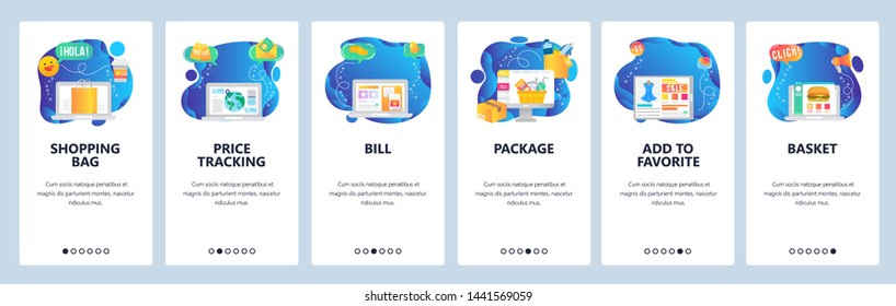 Onboarding for web site and mobile app. Menu banner vector template for website and application development. Shopping bag, Price tracking, Bill, Package, Add to favorite, Basket walkthrough screens.