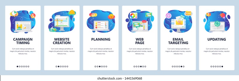 Onboarding for web site and mobile app. Menu banner vector template for website and application development. Campaign timing, Website creation, Planning, Web page, Email targeting, Updating screens.