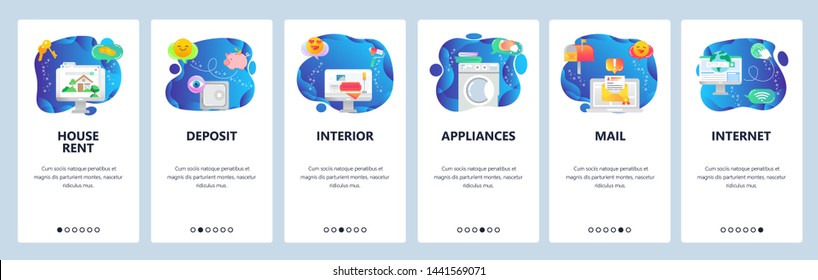 Onboarding for web site and mobile app. Menu banner vector template for website and application development. House rent, Deposit, Interior, Appliances, Mail, Internet walkthrough screens.