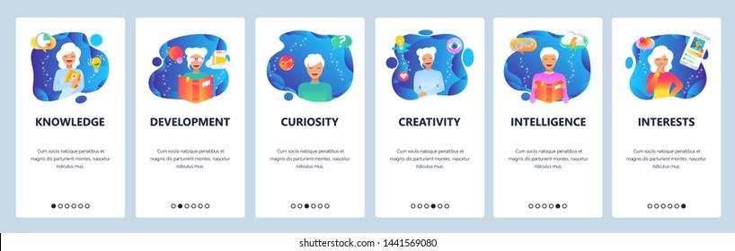 Onboarding for web site and mobile app. Menu banner vector template for website and application development. Knowledge, Development, Curiosity, Creativity, Intelligence, Interests walkthrough screens.