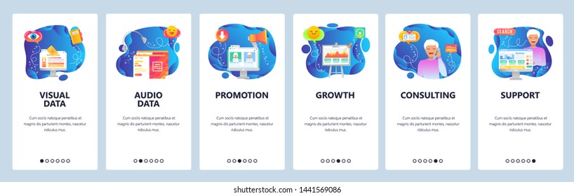 Onboarding for web site and mobile app. Menu banner vector template for website and application development. Visual and audio data, Promotion, Growth, Consulting, Support walkthrough screens.