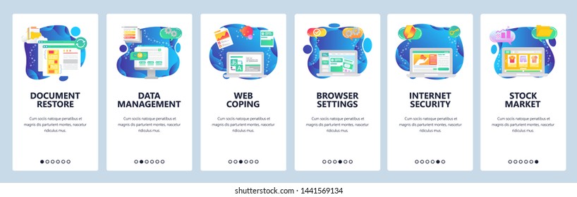 Onboarding for web site and mobile app. Menu banner vector template for website and application development. Document restore, Data management, Web coping, Browser settings and other screens.