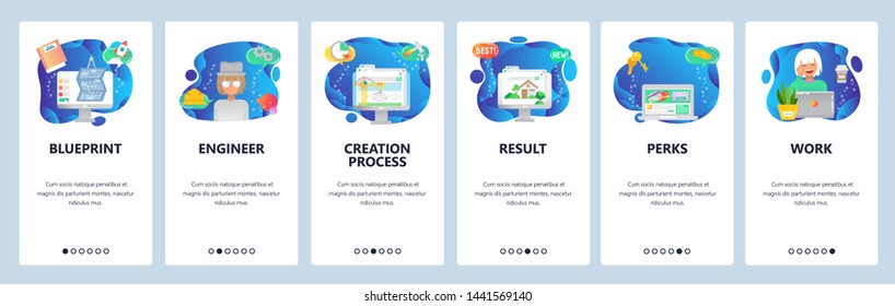 Onboarding for web site and mobile app. Menu banner vector template for website and application development. Blueprint, Engineer, Creation process, Result, Perks, Work walkthrough screens.