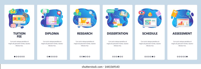 Onboarding for web site and mobile app. Menu banner vector template for website and application development. Tuition fee, Diploma, Research, Dissertation, Schedule, Assessment walkthrough screens.