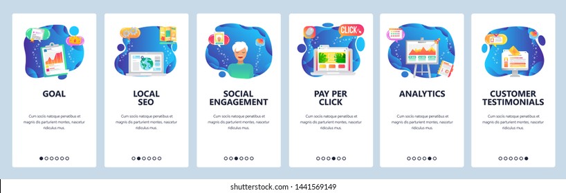 Onboarding for web site and mobile app. Menu banner vector template for website and application development. Goal, Local SEO, Social engagement, Pay per click, Analytics, Customer testimonials screens