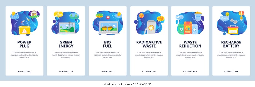 Onboarding for web site and mobile app. Menu banner vector template for website and application development. Power plug, Green energy, Bio fuel, Radioactive waste, Waste reduction and other screens.