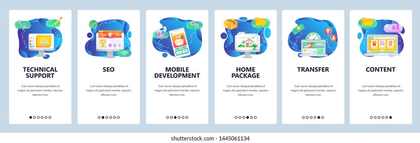 Onboarding for web site and mobile app. Menu banner vector template for website and application development. Technical support, SEO, Mobile development, Home package, Transfer, Content screens.