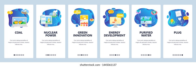 Onboarding for web site and mobile app. Menu banner vector template for website and application development. Coal, Nuclear power, Green innovation, Energy development, Purified water, Plug screens.