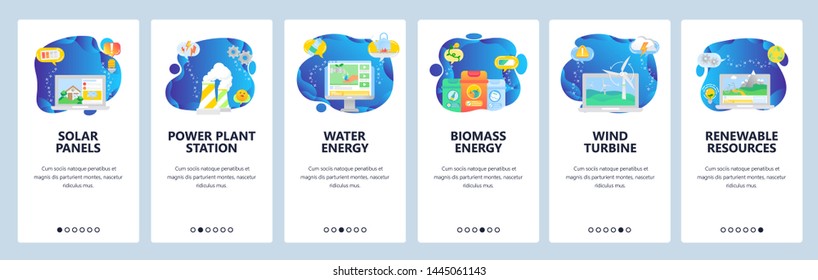 Onboarding for web site and mobile app. Menu banner vector template for website and application development. Solar panels, Power plant station, Water and biomass energy and other walkthrough screens.