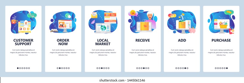 Onboarding for web site and mobile app. Menu banner vector template for website and application development. Customer support, Order now, Local market, Receive, Add, Purchase walkthrough screens.
