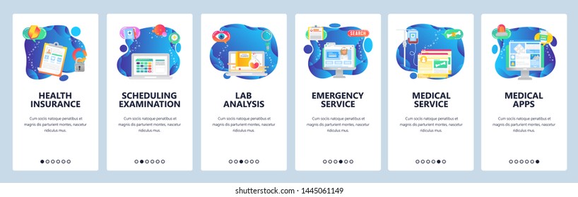Onboarding for web site and mobile app. Menu banner vector template for website and application development. Health insurance, Scheduling examination, Lab analysis, Emergency services, other screens.