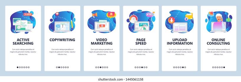 Onboarding for web site and mobile app. Menu banner vector template for website and application development. Active searching, Copywriting, Video marketing, Page speed, other walkthrough screens.