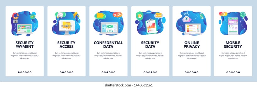 Onboarding for web site and mobile app. Menu banner vector template for website and application development. Security payment, access and data, Confidential data and other walkthrough screens.