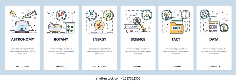 Onboarding for web site and mobile app. Menu banner vector template for website and application development. Astronomy Botany Energy Science Fact Data walkthrough screens. Thin line art flat style.