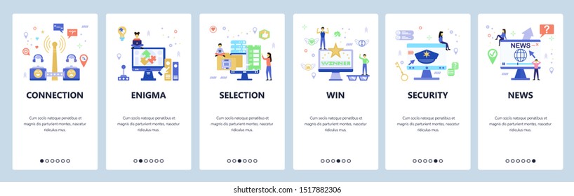 Onboarding for web site, mobile app. Menu banner vector template for website and application development. Connection, Enigma, Selection, Win, Security, News walkthrough screens. Flat style design.