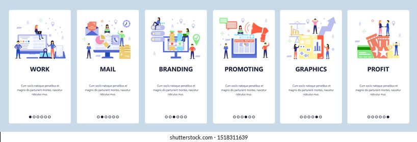 Onboarding for web site, mobile app. Menu banner vector template for website and application development. Branding, Promoting, Graphics other walkthrough screens. Flat style design.