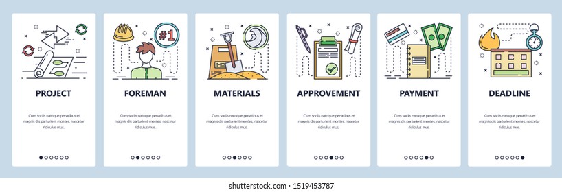 Onboarding for web site and mobile app. Menu banner vector template for website and application development. Project, Foreman, Materials, Approvement, Payment, Deadline walkthrough screens.