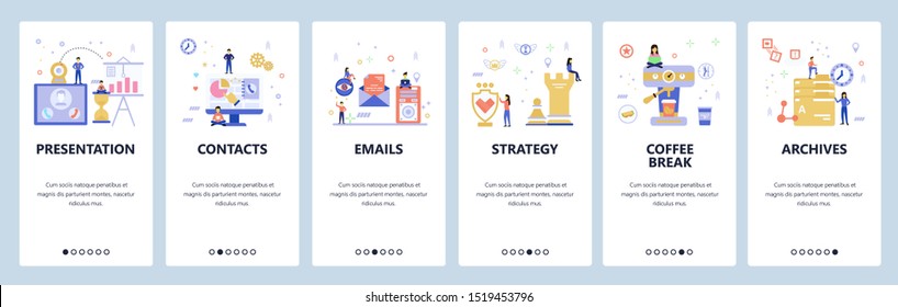 Onboarding for web site, mobile app. Menu banner vector template for website and application development. Presentation, Contacts, Emails, Strategy, Coffee break, Archives screens. Flat style design.