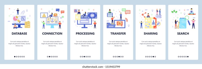 Onboarding for web site, mobile app. Menu banner vector template for website and application development. Database Connection Processing Transfer Sharing Search walkthrough screens. Flat style design.