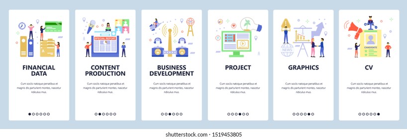 Onboarding for web site, mobile app. Menu banner vector template for website and application development. Financial data, Content production, Business development, Project, Graphics, CV screens.