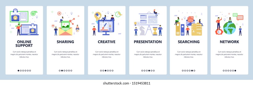 Onboarding for web site, mobile app. Menu banner vector template for website and application development. Online support, Sharing, Searching, Presentation other walkthrough screens. Flat style design.