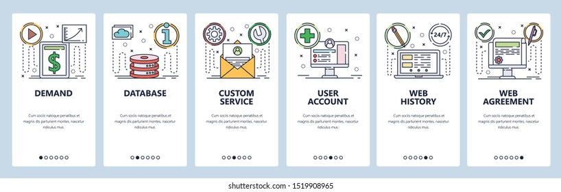 Onboarding for web site and mobile app. Menu banner vector template for website and application development. Demand Database Custom service, User account, Web history screens. Thin line art flat style
