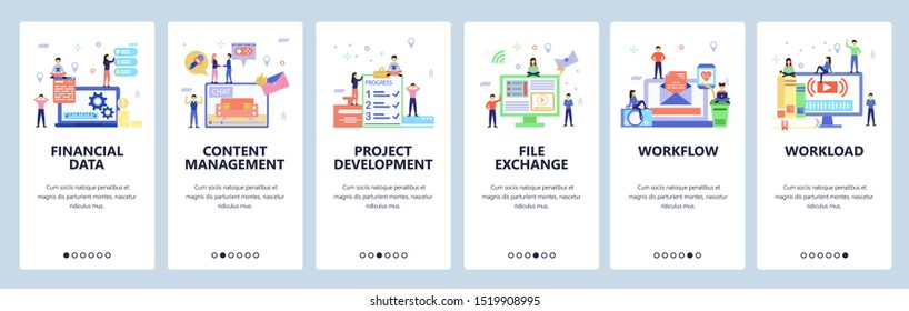 Onboarding for web site, mobile app. Menu banner vector template for website and application development. Project development, Content management, Workflow walkthrough screens. Flat style design.