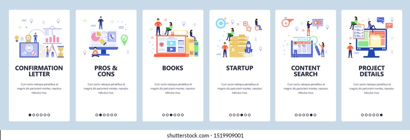 Onboarding for web site, mobile app. Menu banner vector template for website and application development. Startup, Project details, Content search, other walkthrough screens. Flat style design.