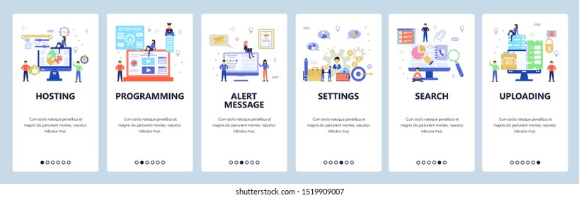 Onboarding for web site, mobile app. Menu banner vector template for website and application development. Hosting, Programming, Alert message, Settings, Search, Uploading screens. Flat style design.