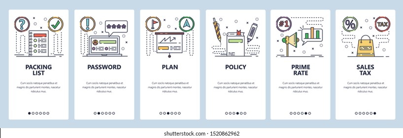 Onboarding for web site and mobile app. Menu banner vector template for website and application development. Packing list, Password, Plan, Policy Prime rate Sales tax screens. Thin line art flat style