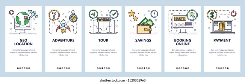Onboarding for web site and mobile app. Menu banner vector template for website and application development. Geo location, Adventure, Tour, Savings, Booking online, Payment walkthrough screens